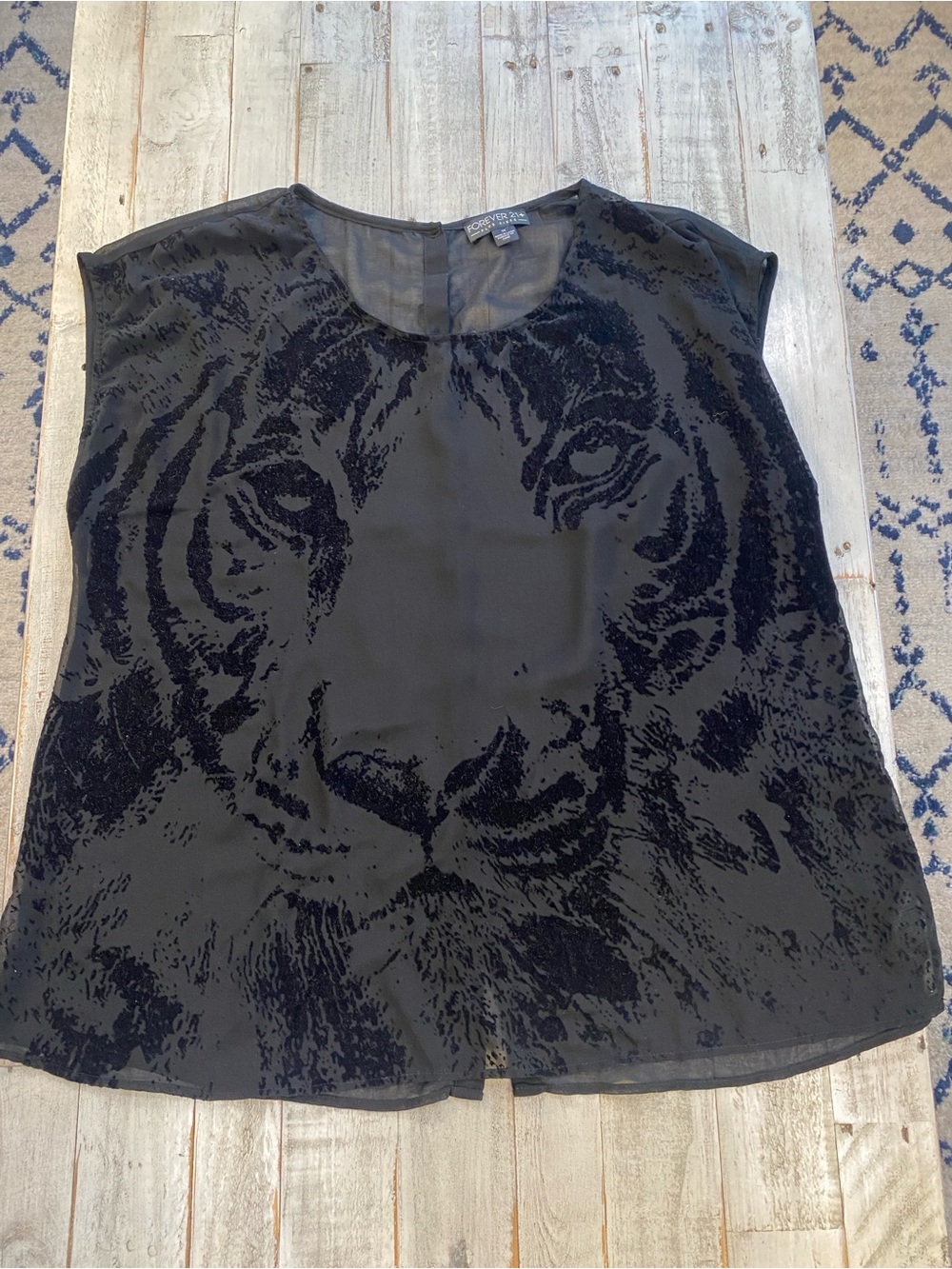 Forever 21 Black Tiger-Print Sheer Blouse burn out shirt sheer whimsy goth emo